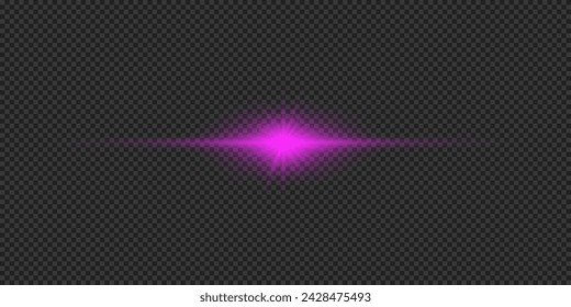 Light effect of lens flares. Purple horizontal glowing light starburst effect with sparkles on a grey transparent background. Vector illustration