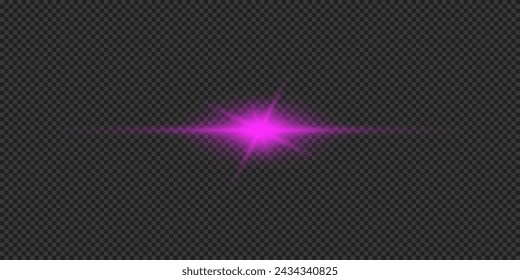 Light effect of lens flares. Purple horizontal glowing light starburst effect with sparkles on a grey transparent background. Vector illustration
