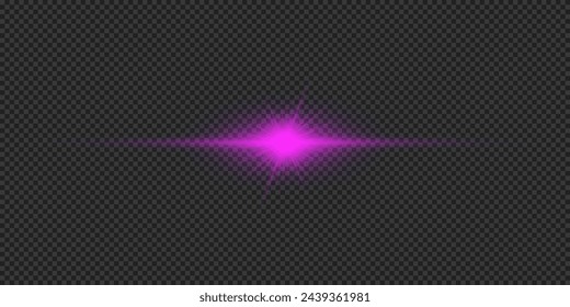 Lichteffekt von Linsenblendeffekten Lila horizontal leuchtende Licht starburst-Effekt mit Funkeln auf einem grauen transparenten Hintergrund. Vektorgrafik