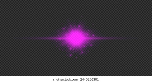 Light effect of lens flares. Purple horizontal glowing light starburst effect with sparkles on a grey transparent background. Vector illustration