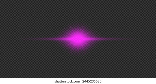 Light effect of lens flares. Purple horizontal glowing light starburst effect with sparkles on a grey transparent background. Vector illustration