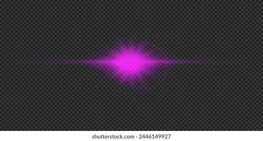Light effect of lens flares. Purple horizontal glowing light starburst effect with sparkles on a grey transparent background. Vector illustration
