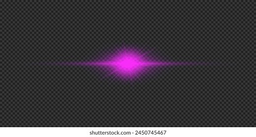 Light effect of lens flares. Purple horizontal glowing light starburst effect with sparkles on a grey transparent background. Vector illustration