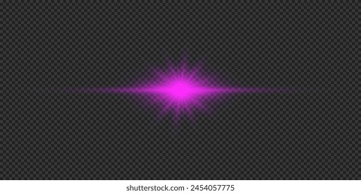 Light effect of lens flares. Purple horizontal glowing light starburst effect with sparkles on a grey transparent background. Vector illustration