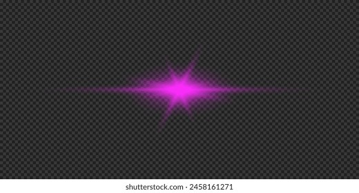 Light effect of lens flares. Purple horizontal glowing light starburst effect with sparkles on a grey transparent background. Vector illustration