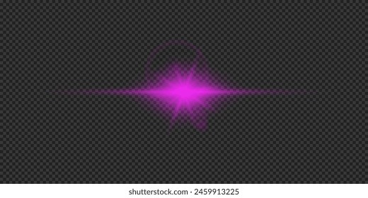 Light effect of lens flares. Purple horizontal glowing light starburst effect with sparkles on a grey transparent background. Vector illustration