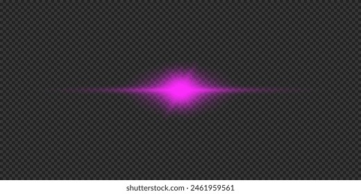 Efecto lumínico de los destellos de lente. Efecto Starburst de luz brillante Horizontal púrpura con destellos sobre un fondo transparente gris. Ilustración vectorial