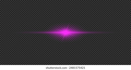 Light effect of lens flares. Purple horizontal glowing light starburst effect with sparkles on a grey transparent background. Vector illustration