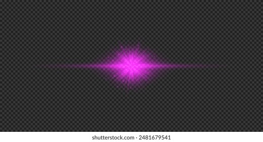 Light effect of lens flares. Purple horizontal glowing light starburst effect with sparkles on a grey transparent background. Vector illustration