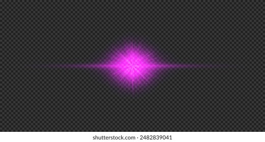 Light effect of lens flares. Purple horizontal glowing light starburst effect with sparkles on a grey transparent background. Vector illustration