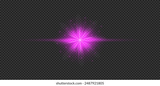 Efecto lumínico de los destellos de lente. Efecto Starburst de luz brillante Horizontal púrpura con destellos sobre un fondo transparente gris. Ilustración vectorial