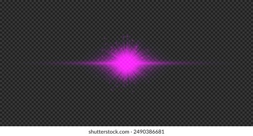Light effect of lens flares. Purple horizontal glowing light starburst effect with sparkles on a grey transparent background. Vector illustration