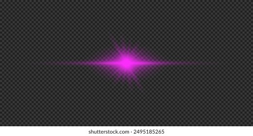 Light effect of lens flares. Purple horizontal glowing light starburst effect with sparkles on a grey transparent background. Vector illustration