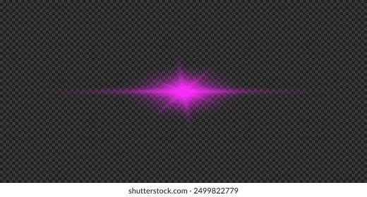 Efecto de luz de los destellos de la lente. Horizontal púrpura brillante efecto de luz estelar con destellos sobre un fondo transparente gris. Ilustración vectorial