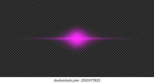 Efecto de luz de los destellos de la lente. Horizontal púrpura brillante efecto de luz estelar con destellos sobre un fondo transparente gris. Ilustración vectorial