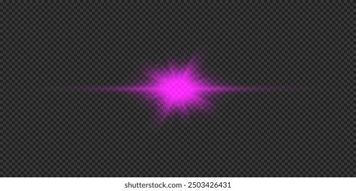 Efecto de luz de los destellos de la lente. Horizontal púrpura brillante efecto de luz estelar con destellos sobre un fondo transparente gris. Ilustración vectorial