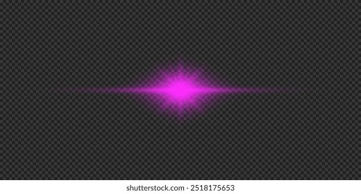 Light effect of lens flares. Purple horizontal glowing light starburst effect with sparkles on a grey transparent background. Vector illustration