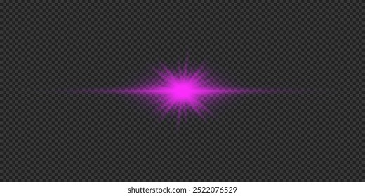 Light effect of lens flares. Purple horizontal glowing light starburst effect with sparkles on a grey transparent background. Vector illustration