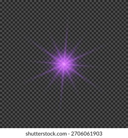 Efecto de luz de los destellos de la lente. Luces brillantes púrpuras efectos de explosión de estrellas con destellos sobre un fondo transparente. Ilustración vectorial