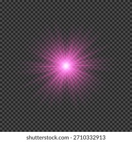 Efecto de luz de los destellos de la lente. Luces brillantes púrpuras efectos de explosión de estrellas con destellos sobre un fondo transparente. Ilustración vectorial