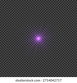 Efecto de luz de los destellos de la lente. Luces brillantes púrpuras efectos de explosión de estrellas con destellos sobre un fondo transparente. Ilustración vectorial
