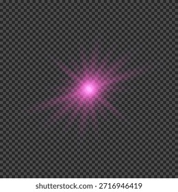 Efecto de luz de los destellos de la lente. Luces brillantes púrpuras efectos de explosión de estrellas con destellos sobre un fondo transparente. Ilustración vectorial