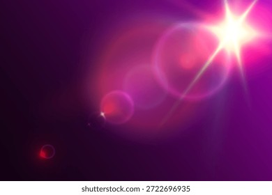 Efecto de luz de los destellos de la lente. Luces brillantes púrpuras efectos de explosión de estrellas con destellos sobre un fondo transparente. Ilustración vectorial