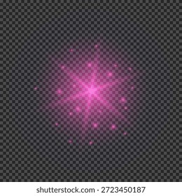 Efecto de luz de los destellos de la lente. Luces brillantes púrpuras efectos de explosión de estrellas con destellos sobre un fondo transparente. Ilustración vectorial