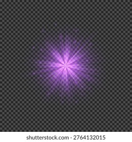 Light effect of lens flares. Purple glowing lights starburst effects with sparkles on a transparent background. Vector illustration