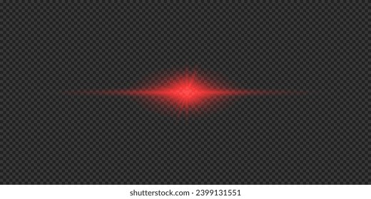 Light effect of lens flares. Red horizontal glowing light starburst effect with sparkles on a grey transparent background. Vector illustration