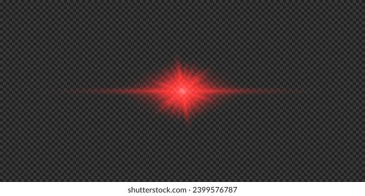 Light effect of lens flares. Red horizontal glowing light starburst effect with sparkles on a grey transparent background. Vector illustration