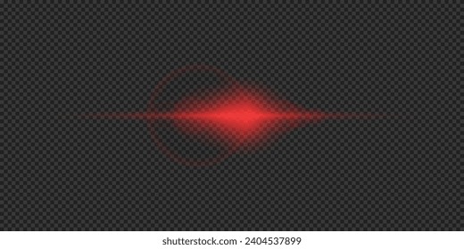 Lichteffekt der Linsenfackel. Roter, horizontaler, leuchtender heller Starburst-Effekt mit Funkeln auf grauem, transparentem Hintergrund. Vektorgrafik