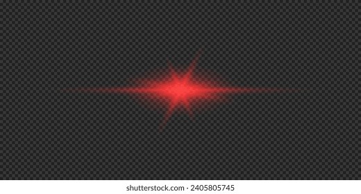 Light effect of lens flares. Red horizontal glowing light starburst effect with sparkles on a grey transparent background. Vector illustration