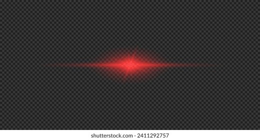 Light effect of lens flares. Red horizontal glowing light starburst effect with sparkles on a grey transparent background. Vector illustration