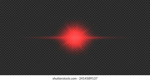 Efecto luminoso de las bengalas de la lente. Efecto de arranque de luz horizontal brillante rojo con destellos sobre un fondo transparente gris. Ilustración del vector