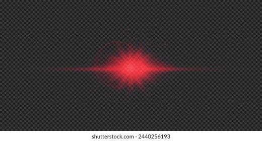 Lichteffekt von Linsenblendeffekten Roter horizontaler leuchtender Lichteffekt mit Funkeln auf einem grauen transparenten Hintergrund. Vektorgrafik