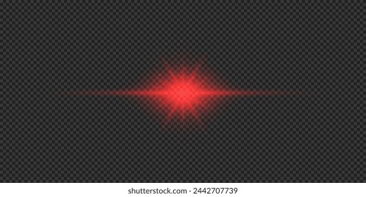 Light effect of lens flares. Red horizontal glowing light starburst effect with sparkles on a grey transparent background. Vector illustration
