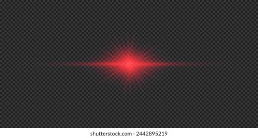 Light effect of lens flares. Red horizontal glowing light starburst effect with sparkles on a grey transparent background. Vector illustration