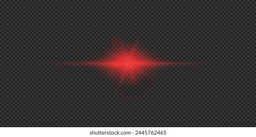 Efecto lumínico de los destellos de lente. Efecto Starburst de luz brillante Horizontal roja con destellos sobre un fondo transparente gris. Ilustración vectorial