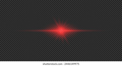 Light effect of lens flares. Red horizontal glowing light starburst effect with sparkles on a grey transparent background. Vector illustration