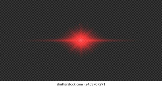 Light effect of lens flares. Red horizontal glowing light starburst effect with sparkles on a grey transparent background. Vector illustration