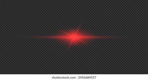 Light effect of lens flares. Red horizontal glowing light starburst effect with sparkles on a grey transparent background. Vector illustration