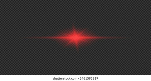 Efecto lumínico de los destellos de lente. Efecto Starburst de luz brillante Horizontal roja con destellos sobre un fondo transparente gris. Ilustración vectorial