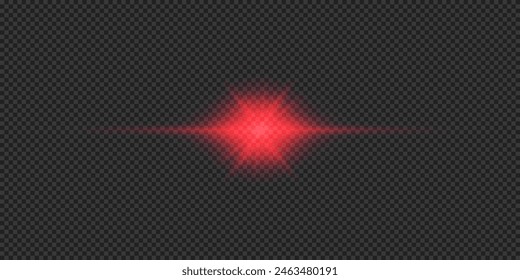 Efecto lumínico de los destellos de lente. Efecto Starburst de luz brillante Horizontal roja con destellos sobre un fondo transparente gris. Ilustración vectorial