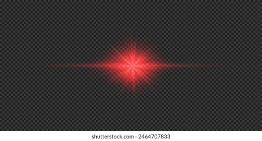 Light effect of lens flares. Red horizontal glowing light starburst effect with sparkles on a grey transparent background. Vector illustration