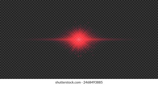 Light effect of lens flares. Red horizontal glowing light starburst effect with sparkles on a grey transparent background. Vector illustration