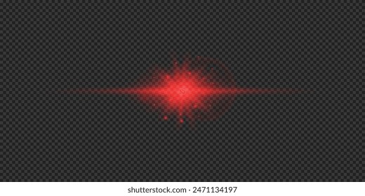 Light effect of lens flares. Red horizontal glowing light starburst effect with sparkles on a grey transparent background. Vector illustration
