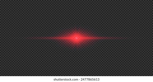 Lichteffekt von Linsenblendeffekten Roter Horizontal leuchtender Lichtstarburst-Effekt mit Funkeln auf grauem, durchsichtigem Hintergrund. Vektorillustration