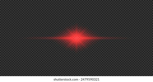 Light effect of lens flares. Red horizontal glowing light starburst effect with sparkles on a grey transparent background. Vector illustration