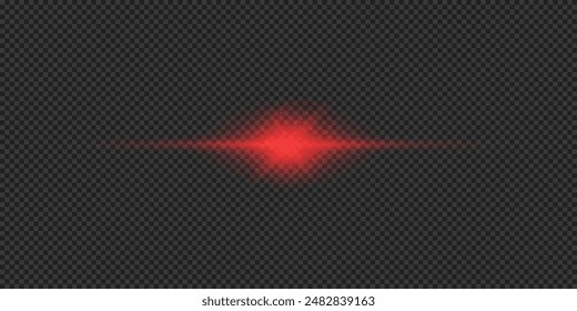 Light effect of lens flares. Red horizontal glowing light starburst effect with sparkles on a grey transparent background. Vector illustration